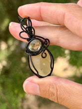 Load image into Gallery viewer, Libyan desert glass with faceted citrine gem accent wire wrapped pendant necklace
