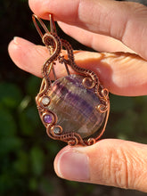 Load image into Gallery viewer, Rainbow fluorite with blue kyanite + amethyst gem accents wire wrapped pendant necklace
