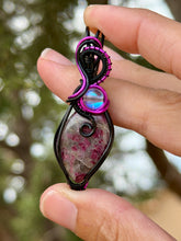 Load image into Gallery viewer, Ruby with angel aura quartz gem accent wire wrapped pendant necklace
