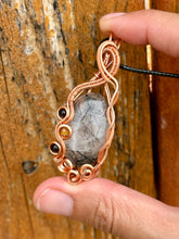 Load image into Gallery viewer, black tourmalinated quartz with tourmaline + carnelian inclusions wire wrapped pendant talisman necklace
