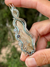 Load image into Gallery viewer, Artisan cab (positive rock) common blue opal with Angelite + sapphire gem accents wire wrapped pendant necklace
