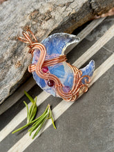 Load image into Gallery viewer, Opalite moon with raspberry jade, garnet, amethyst gem accents wire wrapped pendant necklace

