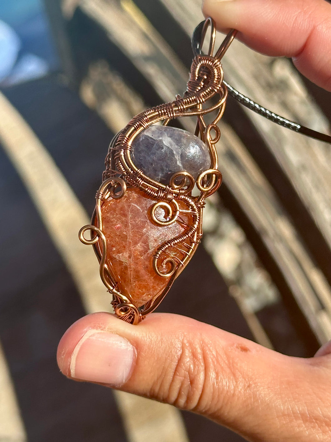 Iolite + sunstone double decker wire wrapped pendant necklace