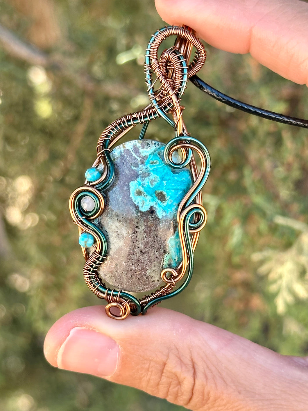 Reserved for Steph k DESIGNER CAB + DUO TONED WIRE Chrysocolla with turquoise + aquamarine inclusions  Wire wrapped pendant