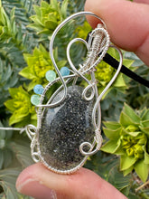 Load image into Gallery viewer, Reserved for Ann k Rose cut Black Sunstone with Gem Inclusions Wire Wrapped Pendent Necklace
