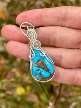 Load image into Gallery viewer, Blue magnesite copper composite with labradorite gem accents wire wrapped pendant necklace
