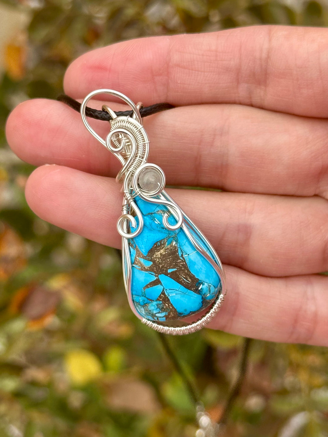 Blue magnesite copper composite with labradorite gem accents wire wrapped pendant necklace