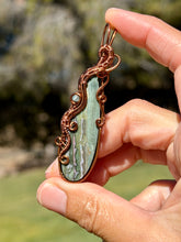 Load image into Gallery viewer, Artisan cab (positive rocks) Indian agate with blue kyanite gem accent wire wrapped pendant necklace
