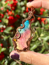 Load image into Gallery viewer, ARTISAN STONE (adit stones) rainbow (enhanced) fossilized palm root with blue apatite, green aventurine, raspberry jade, yellow Mookaite gem accents wire wrapped pendant necklace
