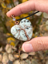 Load image into Gallery viewer, Reserved for ashley k Kiwi jasper with aquamarine tree of life Wire wrapped pendant
