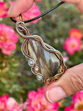 Load image into Gallery viewer, ARTISAN STONE (positive rocks) Common Blue Opal with Angelite + moonstone gem accents wire wrapped pendant necklace
