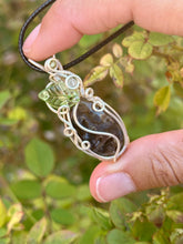 Load image into Gallery viewer, Turkish stick agate “pumpkin” with fluorite + prehnite gem inclusions wire wrapped pendant necklace

