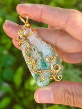 Load image into Gallery viewer, Artisan cab (positive rock) rainbow solar quartz druzy with Amazonite, green mica, serpentine, blue kyanite gem accents wire wrapped pendant necklace
