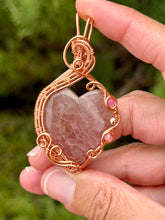 Load image into Gallery viewer, Strawberry quartz heart with pink jade + hematite gem accents wire wrapped pendant necklace
