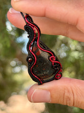 Load image into Gallery viewer, African bloodstone with garnet gem stone accents wire wrapped pendant necklace
