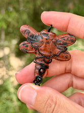 Load image into Gallery viewer, Mahogany obsidian dragonfly with garnet + onyx gem accents wire wrapped pendant necklace
