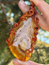 Load image into Gallery viewer, Artisan cab (Marina rabinskaya) carnelian agate slice with wolf design with  obsidian, garnet, carnelian, citrine, moonstone gem accents wire wrapped pendant necklace
