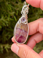 Load image into Gallery viewer, Rainbow fluorite with faceted amethyst gem accent wire wrapped pendant necklace
