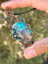 Load image into Gallery viewer, Reserved for Steph k DESIGNER CAB + DUO TONED WIRE Chrysocolla with turquoise + aquamarine inclusions  Wire wrapped pendant
