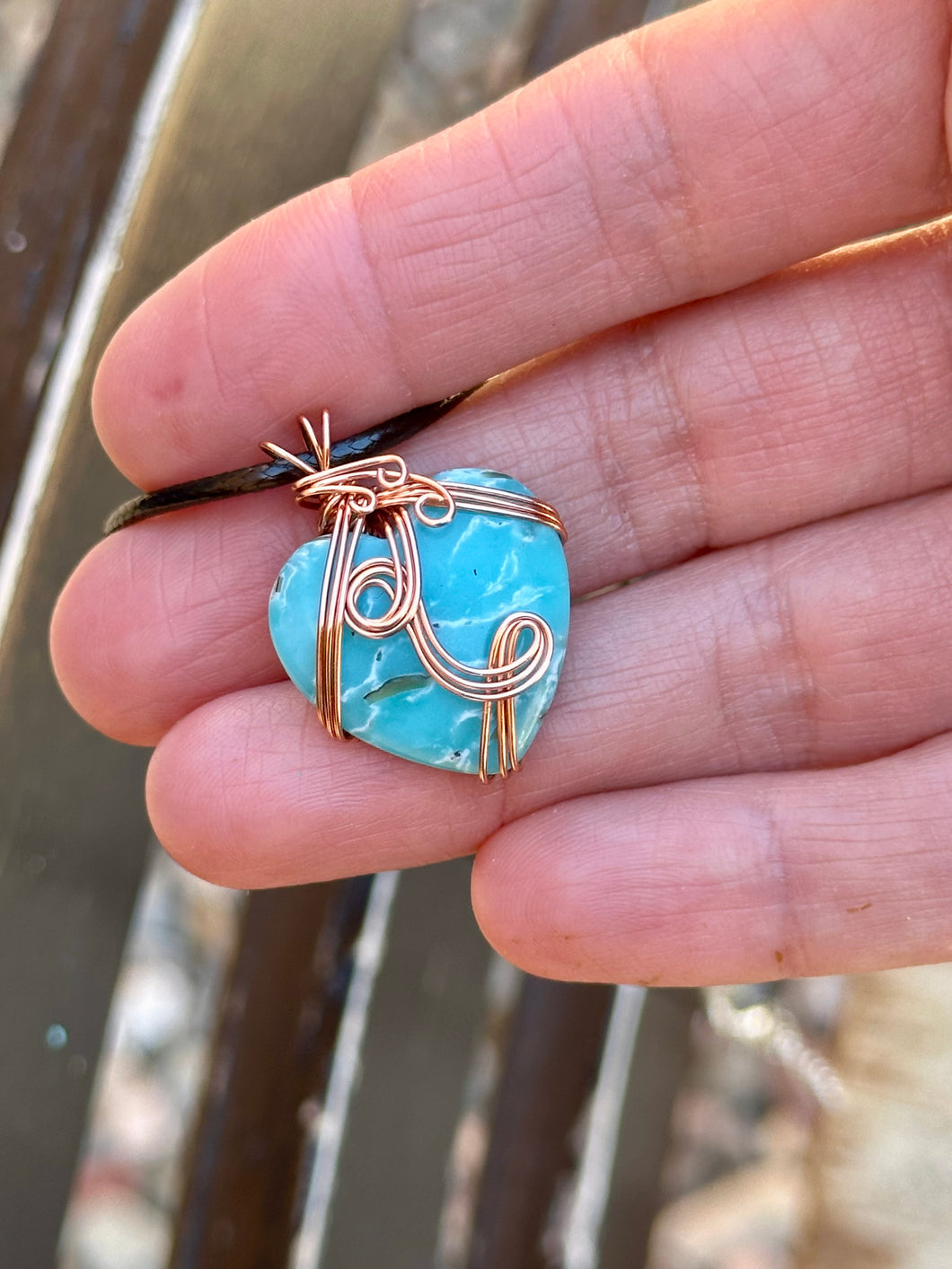 Blue (dyed) jade heart Wire wrapped pendant