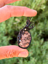 Load image into Gallery viewer, Flower obsidian with pyrite gem accent wire wrapped pendant necklace
