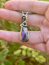 Load image into Gallery viewer, Charoite with obsidian gem accent wire wrapped pendant necklace
