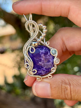 Load image into Gallery viewer, Lightning purple magnesite with blue topaz + moonstone gem accents wire wrapped pendant necklace
