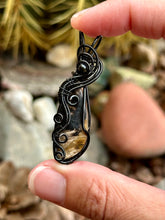 Load image into Gallery viewer, Fossilized palm root with black tourmaline mini wire wrapped pendant necklace
