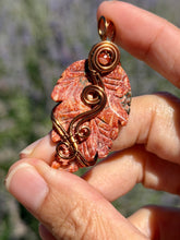 Load image into Gallery viewer, Leopard skin jasper leaf with carnelian gem accent wire wrapped pendant necklace

