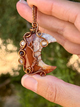 Load image into Gallery viewer, Artisan cab (positive rocks) Carnelian Crescent moon with citrine + garnet gem accents wire wrapped pendant necklace
