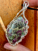 Load image into Gallery viewer, Reserved for Bethany s Ruby in fuchsite with gem inclusions Wire Wrapped Pendent Necklace
