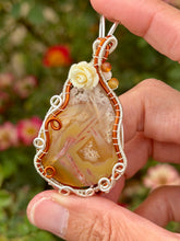 Load image into Gallery viewer, Artisan cab (positive rocks) orange tube agate with dandelion + moonstone gem accents  wire wrapped pendant necklace
