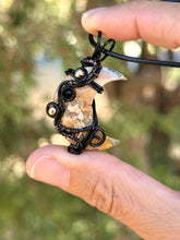 Load image into Gallery viewer, ARTISAN CAB (adit stones) yellow Maligano Jasper moon with onyx + hematite gem accents wire wrapped pendant necklace
