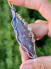Load image into Gallery viewer, Artisan cab (positive rocks) grape agate with purple mookaite + pearl gem accents wire wrapped pendant necklace
