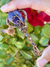Load image into Gallery viewer, Lepidolite tree of life with sodalite + Rhodonite gem accents wire wrapped skeleton key pendent
