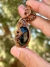 Load image into Gallery viewer, Blue Tiger eye with charoite  gem accents wire wrapped pendant necklace
