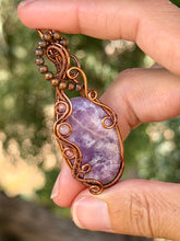 Load image into Gallery viewer, Light lepidolite with thulite + rose quartz gem accent wire wrapped pendant necklace
