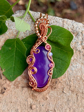 Load image into Gallery viewer, Purple onyx with pink agate + opalite gem accents wire wrapped pendant necklace

