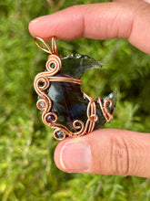 Load image into Gallery viewer, Purple opalite with amethyst +  strawberry quartz + smoked Ethiopian opal gem accents wire wrapped crescent moon pendant necklace
