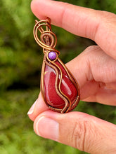 Load image into Gallery viewer, Red mookaite with raspberry jade gem accents wire wrapped pendant necklace
