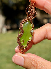 Load image into Gallery viewer, Artisan cab (johari) green cat’s eye with peridot + blue kyanite gem accents wire wrapped pendant necklace
