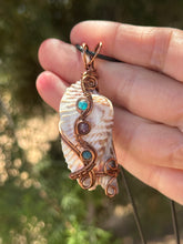 Load image into Gallery viewer, Seashell with amethyst + blue apatite gem accent wire wrapped pendant necklace
