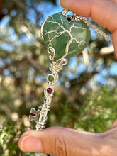 Load image into Gallery viewer, Green aventurine heart with ruby in zoisite inclusions skeleton key wire wrapped pendant talisman necklace
