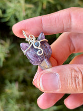 Load image into Gallery viewer, Amethyst mini wolf head with dumortierite gem accent wire wrapped pendant necklace
