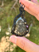 Load image into Gallery viewer, Artisan cab (johari gems) marcasite with pyrite + amethyst gem accent wire wrapped pendant necklace
