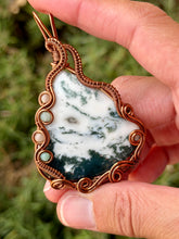 Load image into Gallery viewer, Artisan cab (johari gems) tree agate with chrysoprase + peach moonstone gem accents wire wrapped pendant necklace
