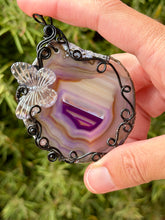 Load image into Gallery viewer, Purple agate with onyx + strawberry quartz gem accent wire wrapped pendant

