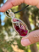 Load image into Gallery viewer, Pink Mosaic Agate with Rhodonite gem accents wire wrapped pendant necklace
