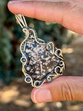 Load image into Gallery viewer, Artisan cab (johari gems) kammererite with sapphire + Angelite gem accent wire wrapped pendant necklace
