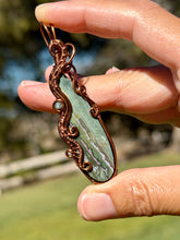 Load image into Gallery viewer, Artisan cab (positive rocks) Indian agate with blue kyanite gem accent wire wrapped pendant necklace
